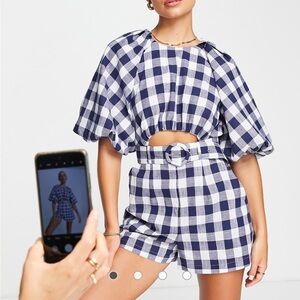 ASOS DESIGN puff sleeve cut out romper in gingham print